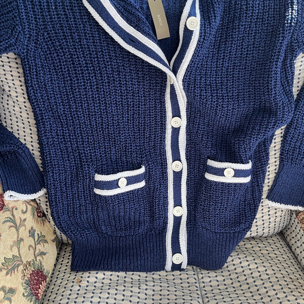 Navy Blue Knit Sweater with White Trim - Picture 8 of 11